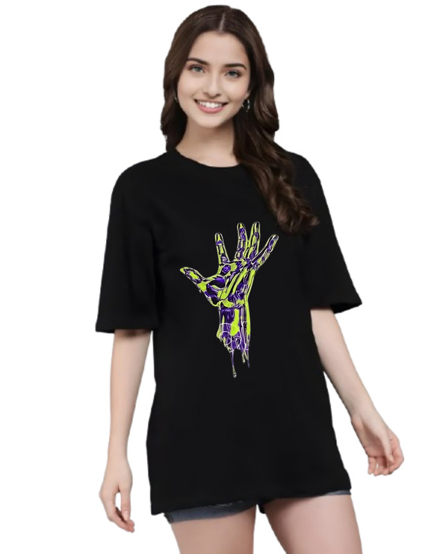 Moodies Women's Casual Printed Round Neck, Oversized Longline Drop Shoulder Half Sleeve Loose Fit T-shirt Colour Black (PACK Of 1) image 2