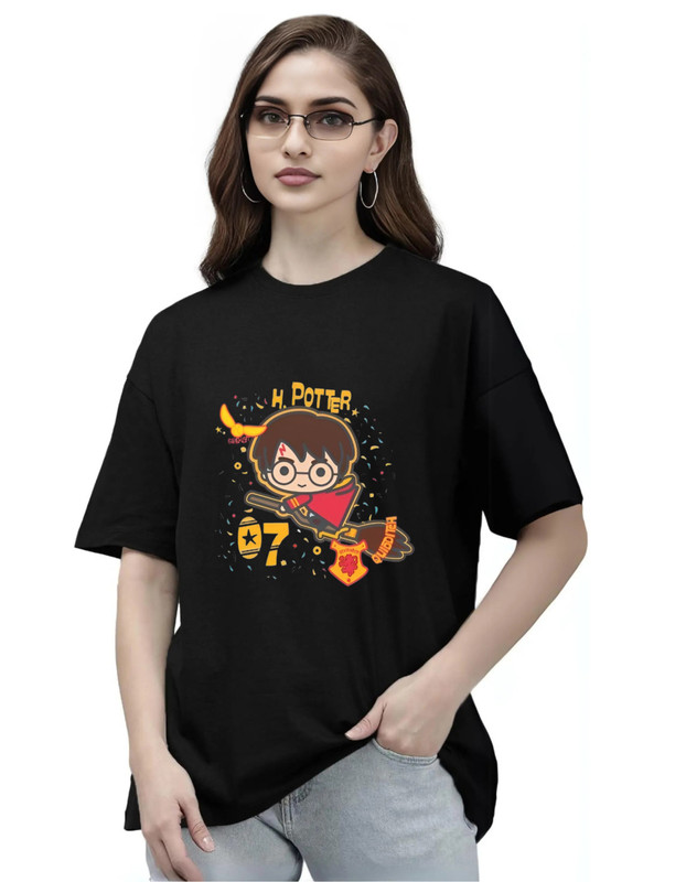 Moodies Women's Casual Printed Round Neck, Oversized Longline Drop Shoulder Half Sleeve Loose Fit T-shirt Colour Black (PACK Of 1)