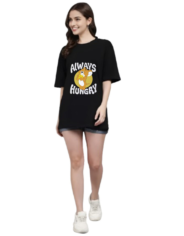 Moodies Women's Casual Printed Round Neck, Oversized Longline Drop Shoulder Half Sleeve Loose Fit T-shirt Colour Black (PACK Of 1)