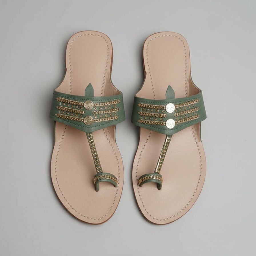 The Mina | Women | Leather Kolhapuri Chappal - Green