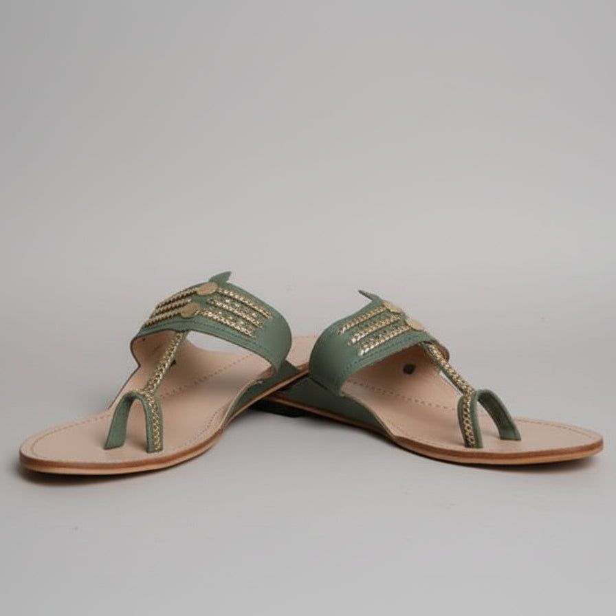 The Mina | Women | Leather Kolhapuri Chappal - Green image 2