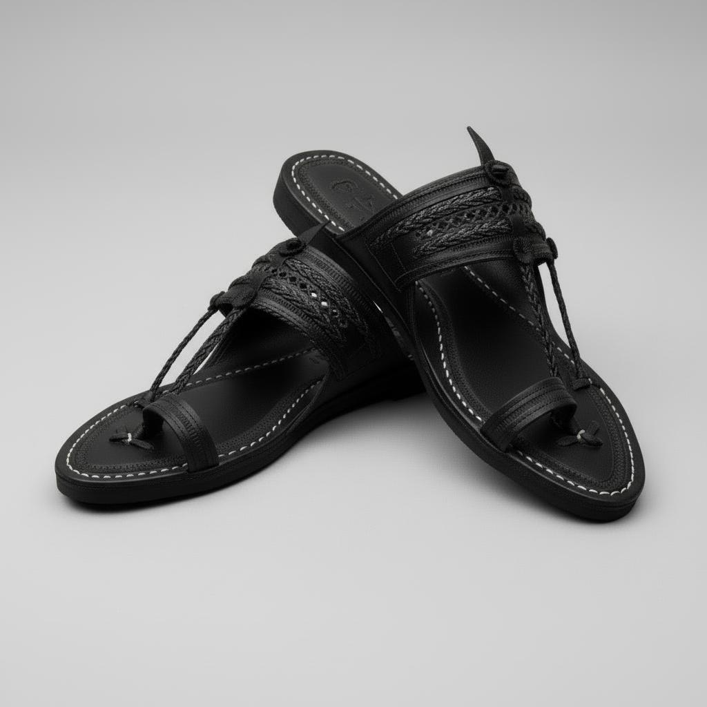 The Double Dark | Men | Leather Kolhapuri Chappal | Black image 2