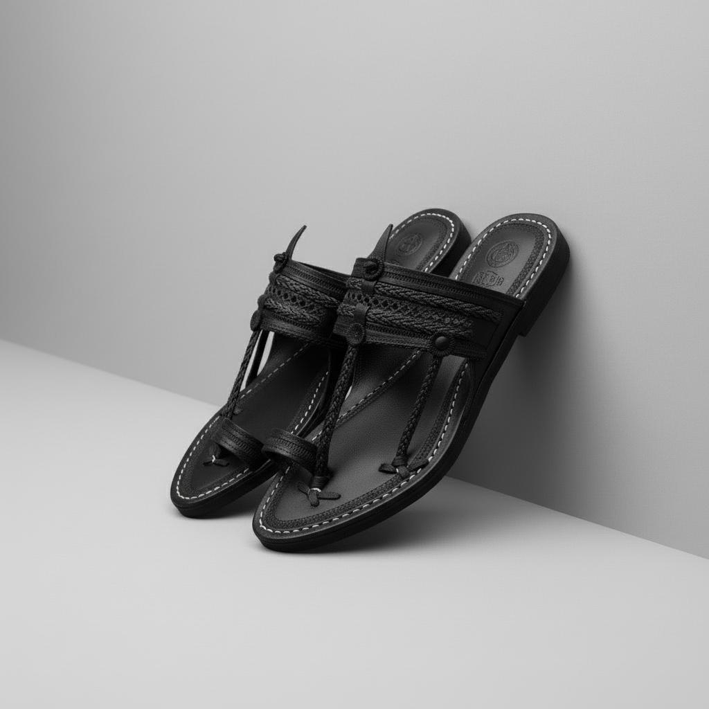 The Double Dark | Men | Leather Kolhapuri Chappal | Black image 3
