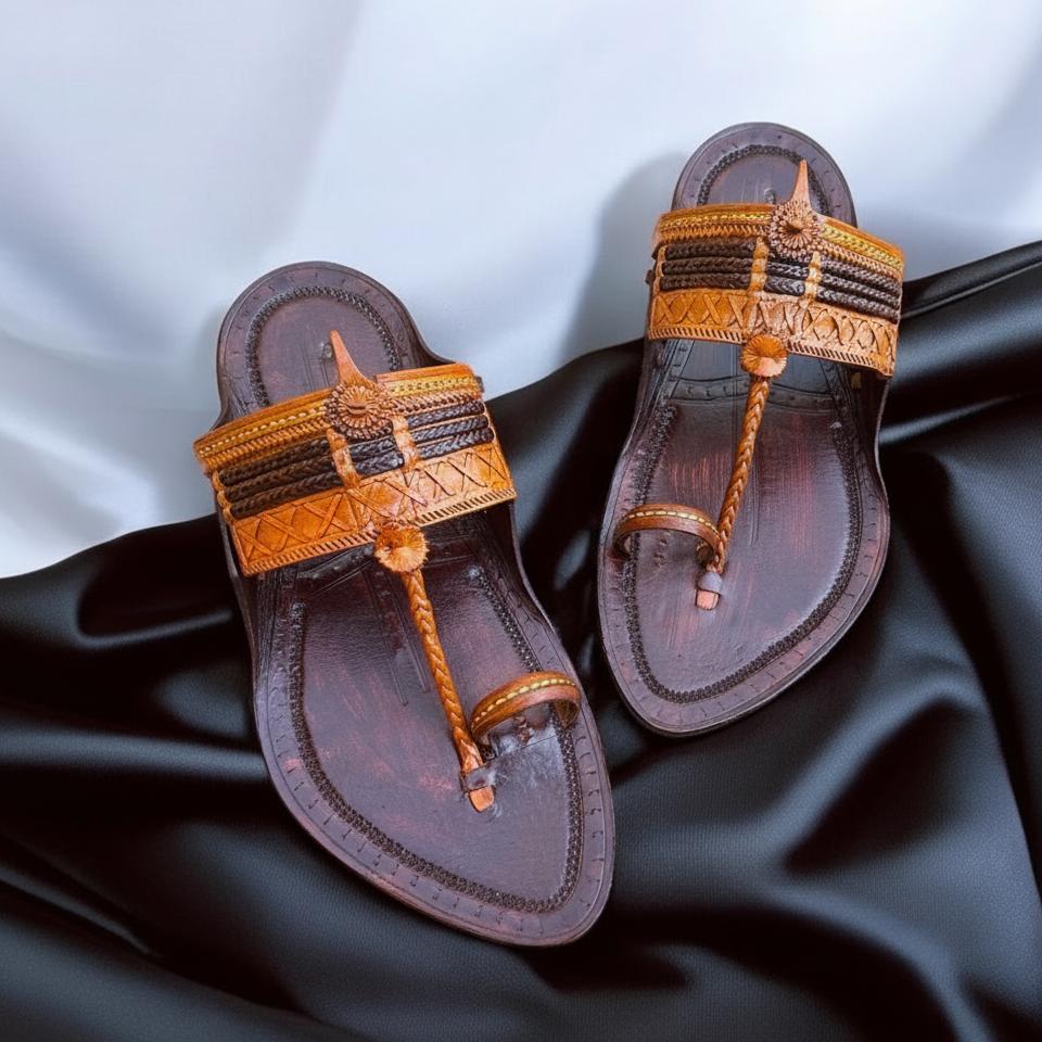 Karagiri Kolhapuri Chappal For Men - Dark Brown And Cream image 3