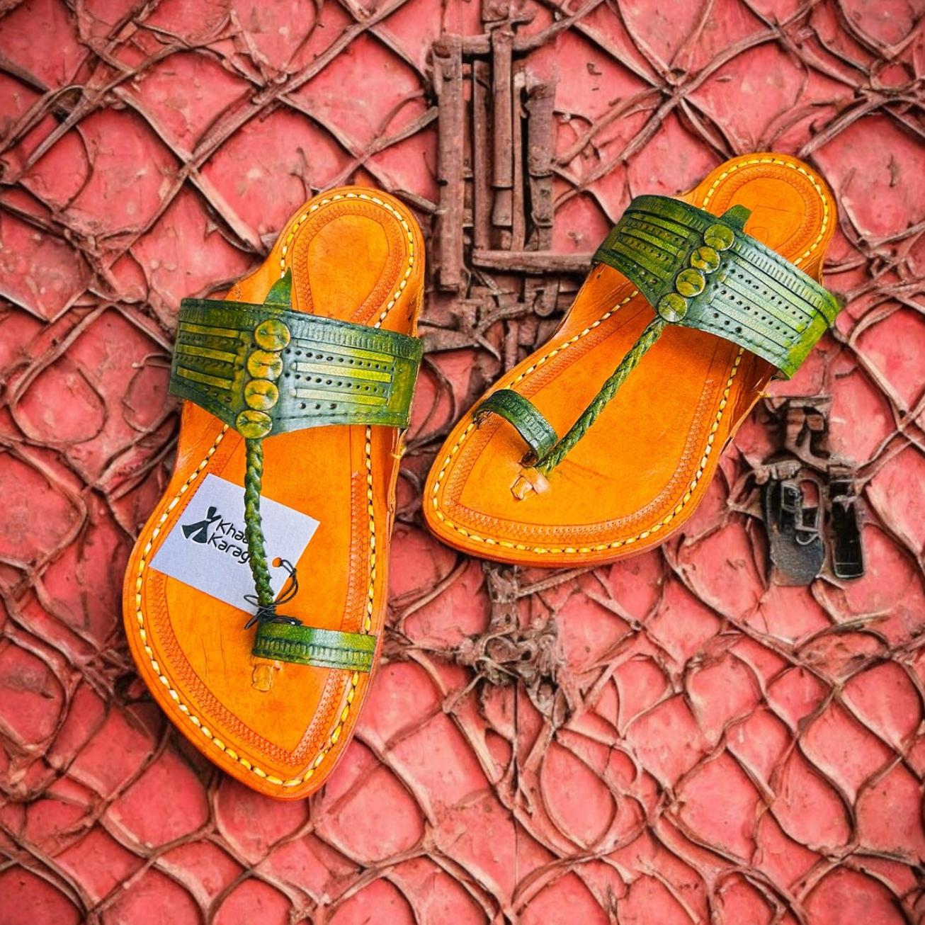 Khaal Kolhapuri Chappal For Men - Yellow And Green