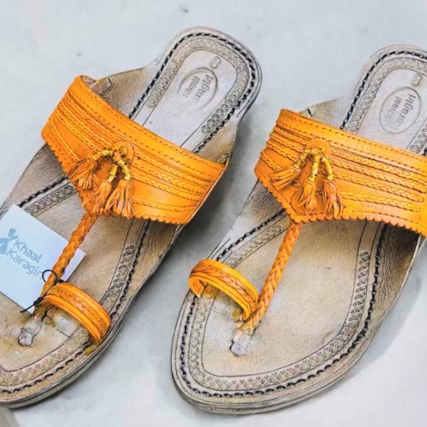 Khaal Kolhapuri Chappal For Men - Yellow And Grey