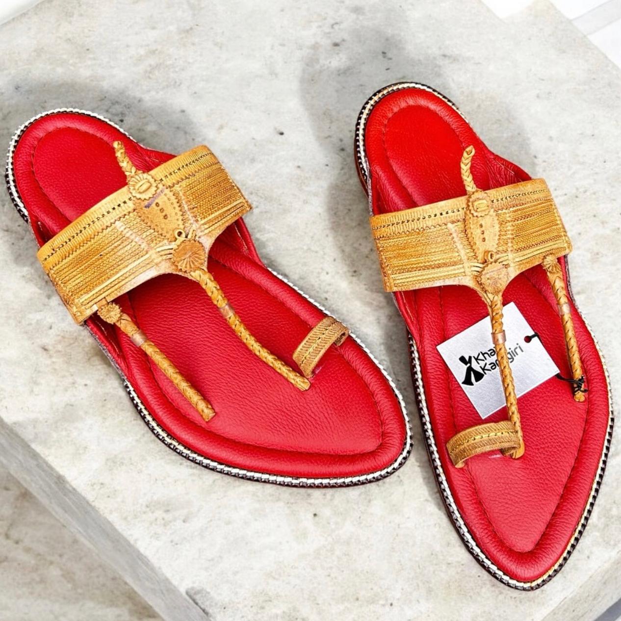 Khaal Kolhapuri Chappal For Men- Red And Brown