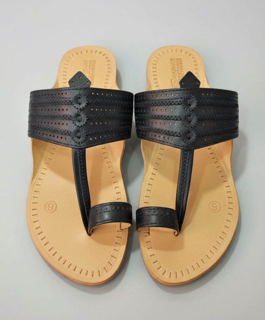 Mens Kolhapuri| Veer Kols By Niira | Comfort Slippers For Men | Soft Straps| Lightweight & Durable | Ideal For Indoor & Outdoor Use | Black