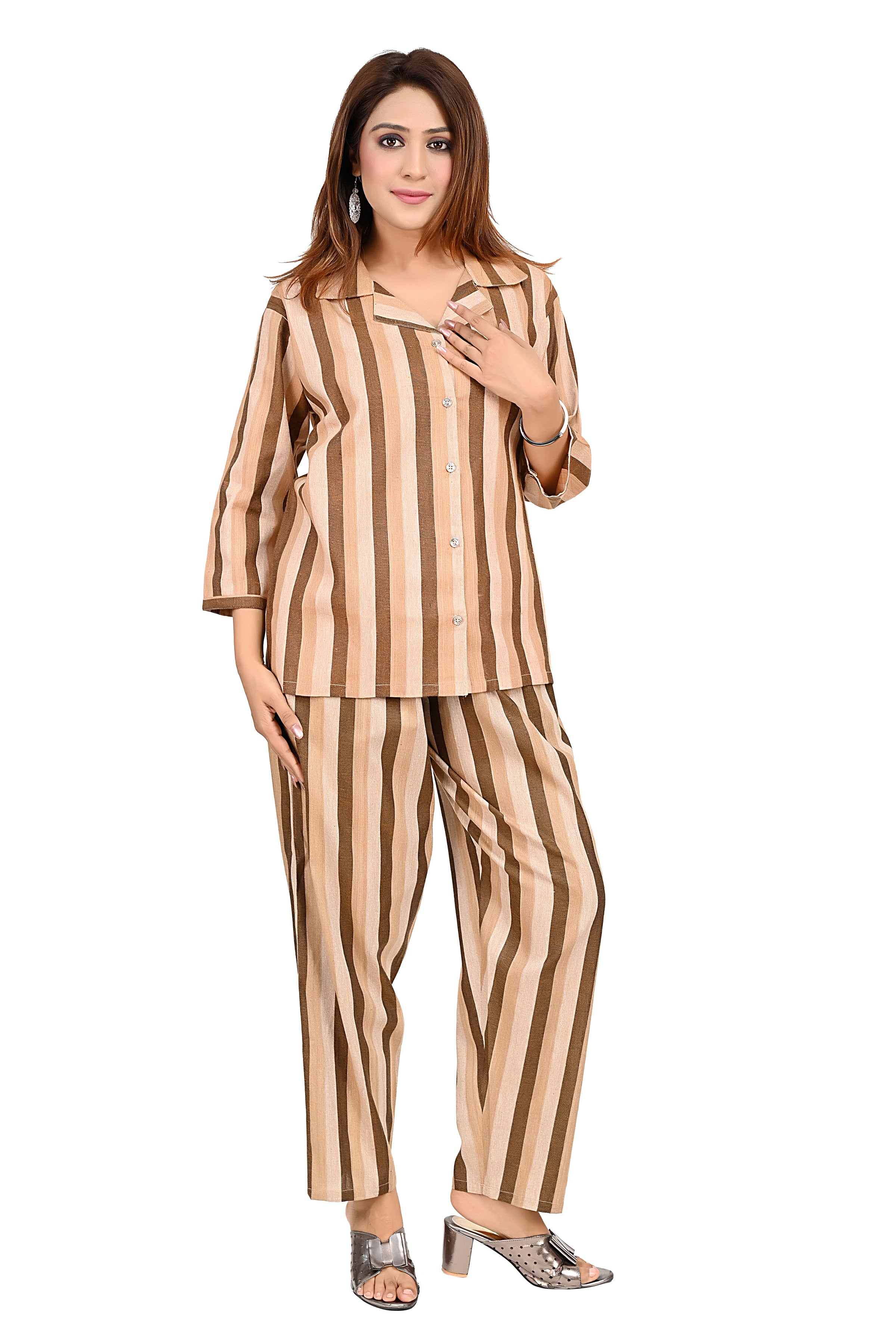 Cotton Stripe Nightwear Cord Set For Women image 3