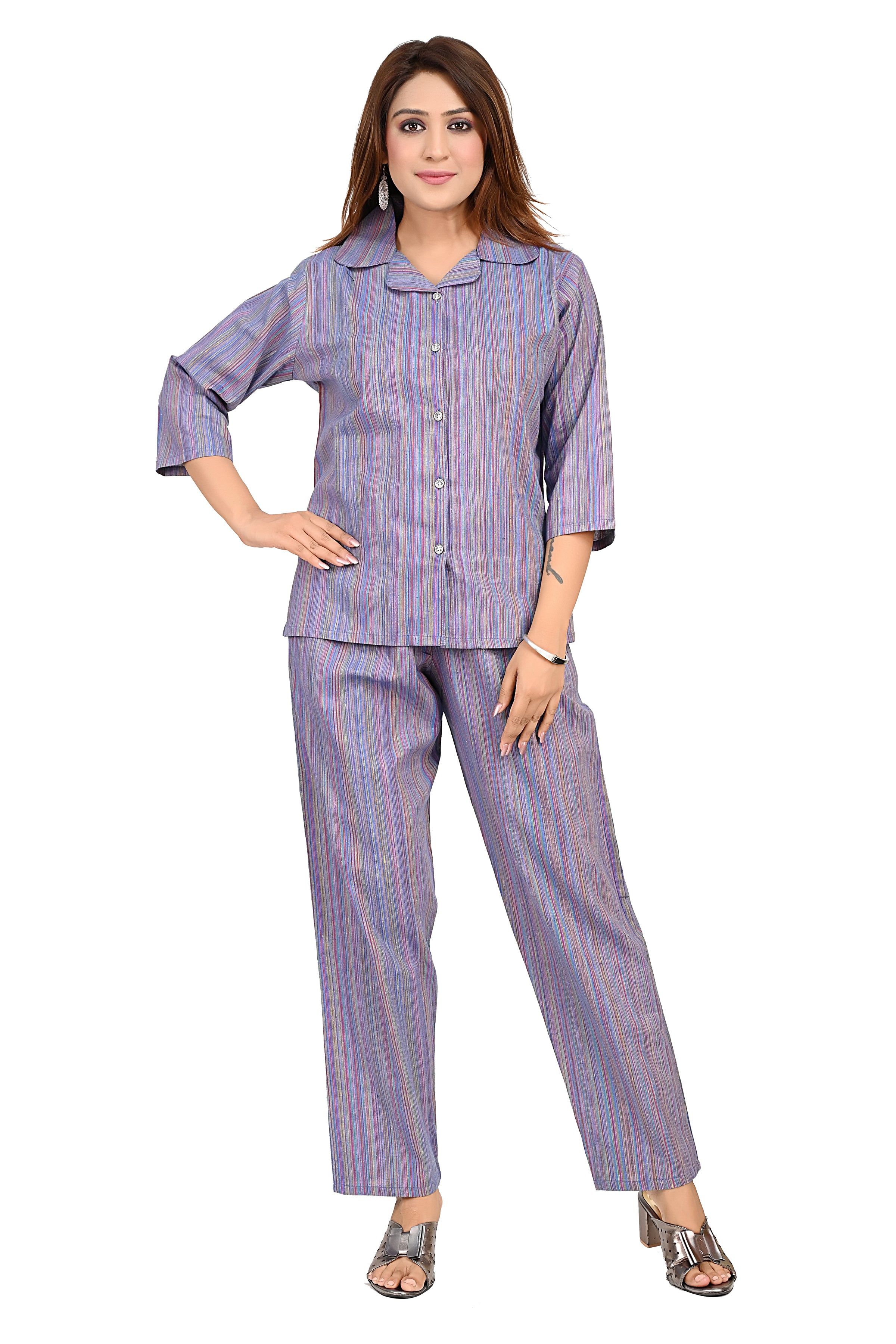 Cotton Multicolor Stripe Nightwear Cord Set For Women image 3