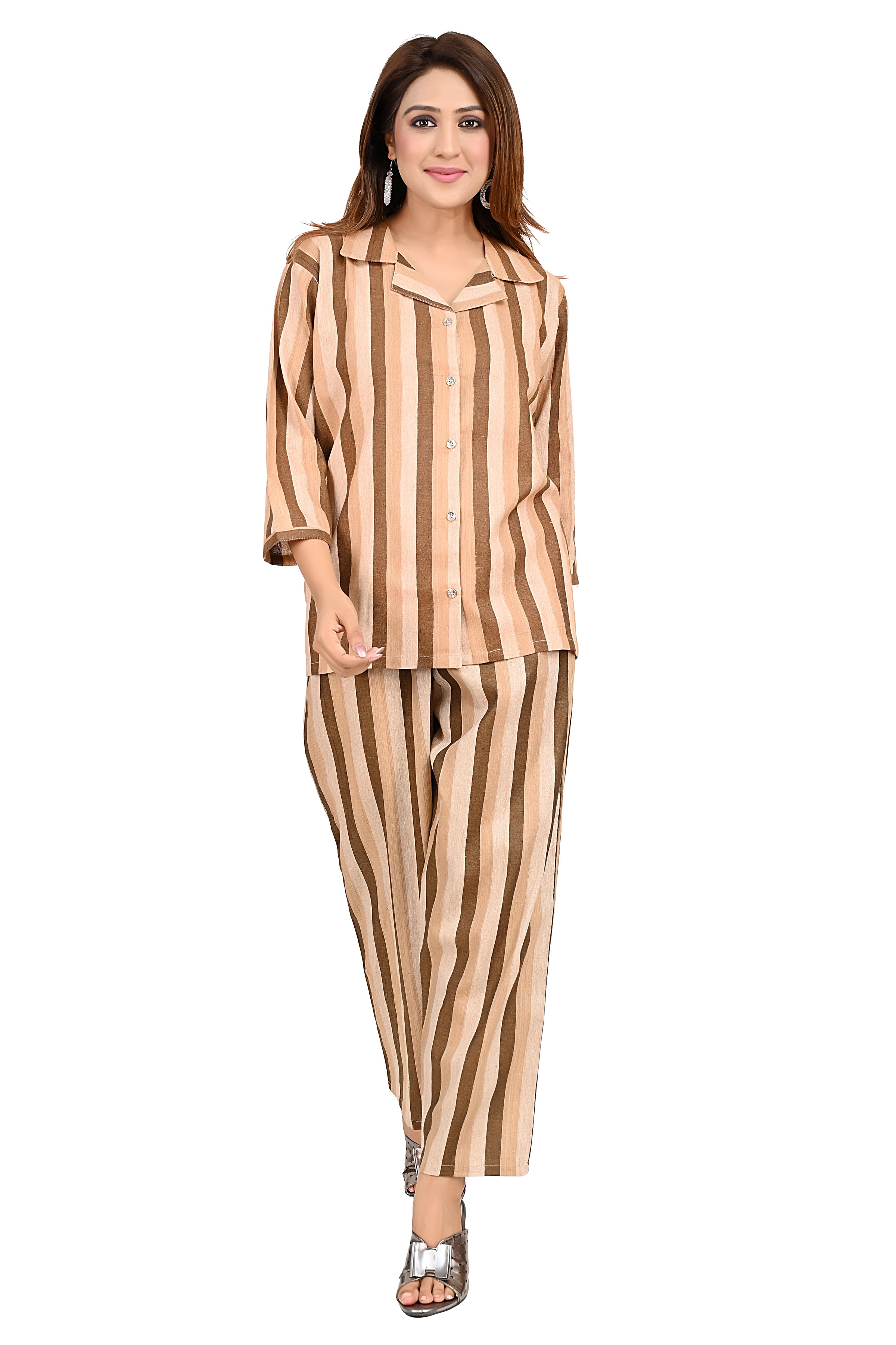 Cotton Stripe Nightwear Cord Set For Women image 6