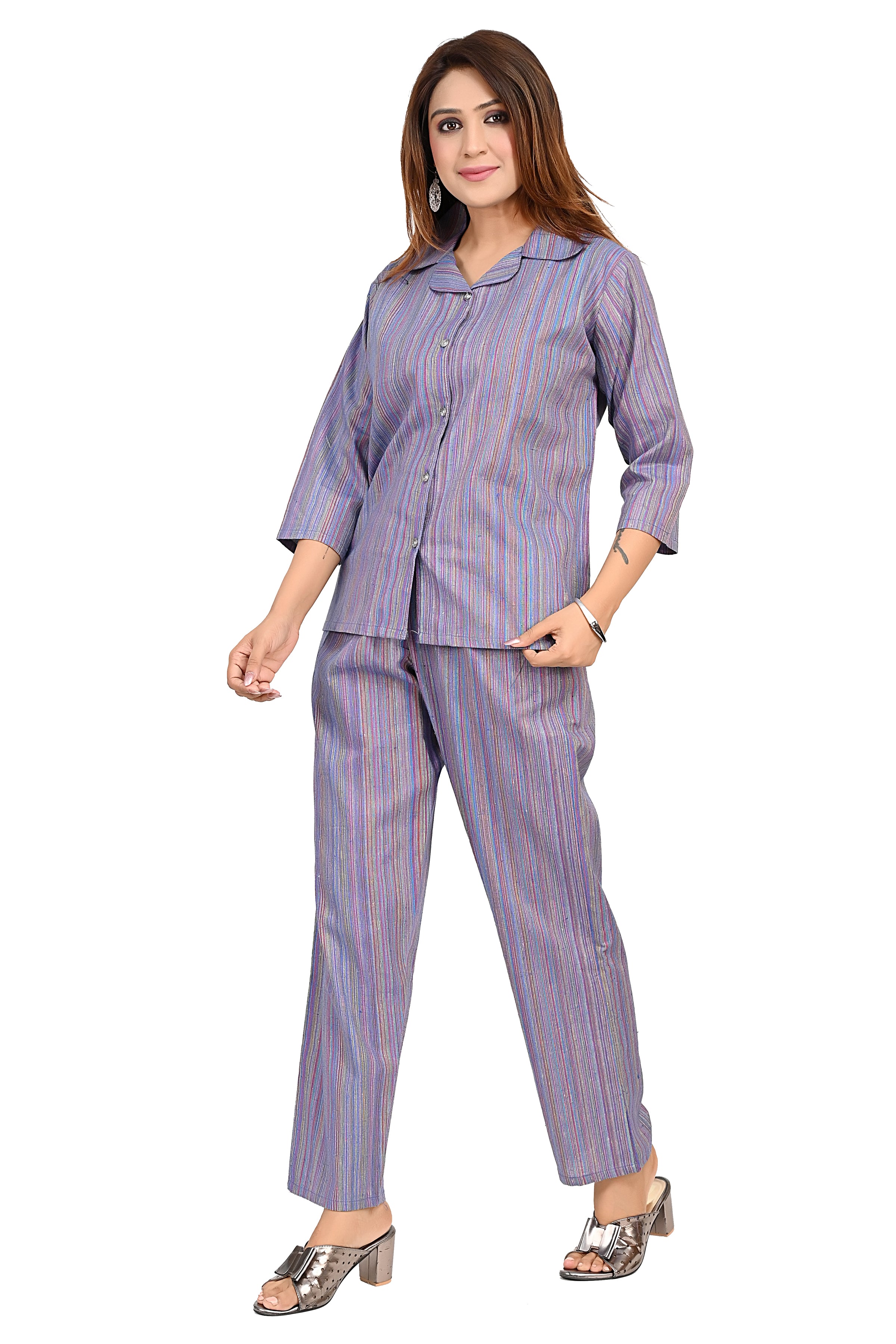 Cotton Multicolor Stripe Nightwear Cord Set For Women image 6