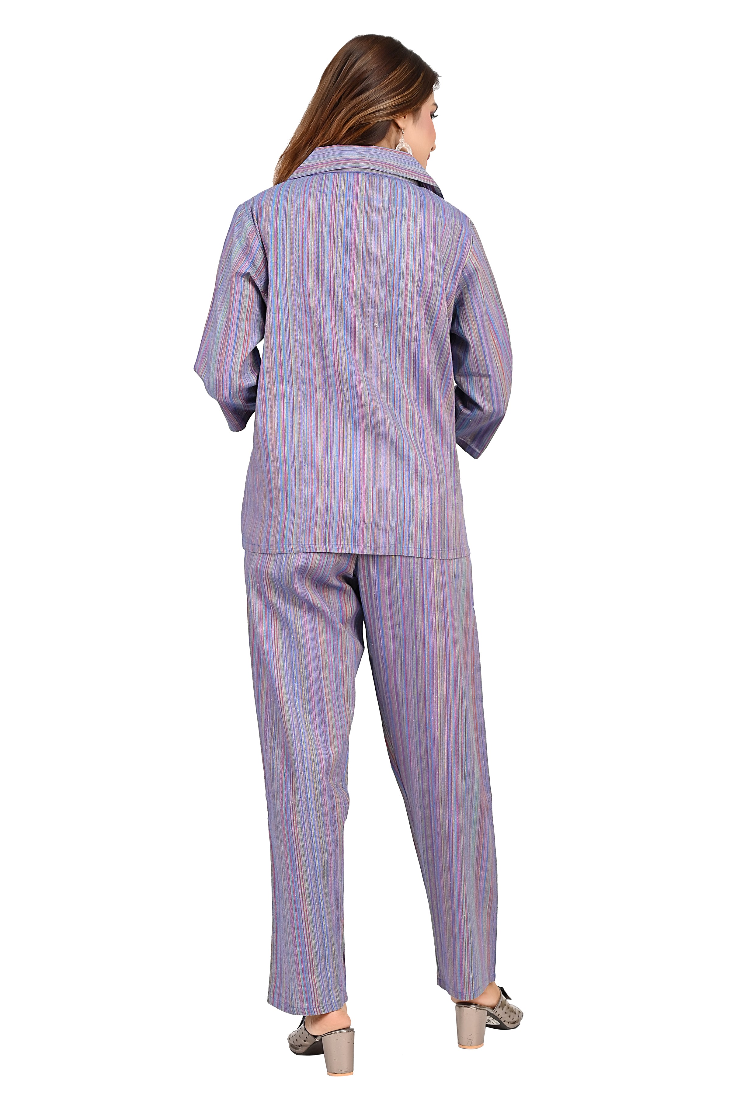 Cotton Multicolor Stripe Nightwear Cord Set For Women image 15