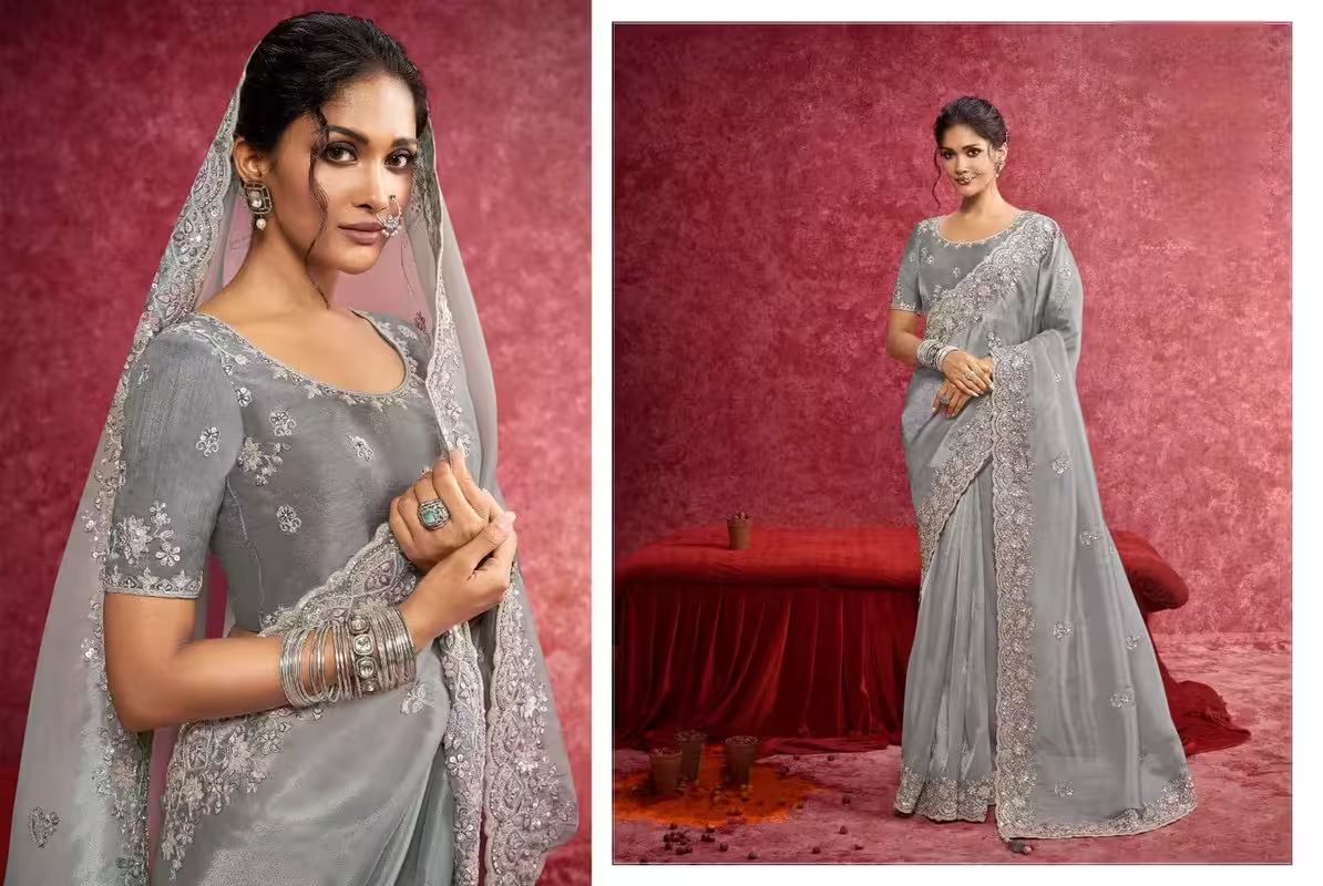 Premium Partywear Silk Saree - Dusty Grey