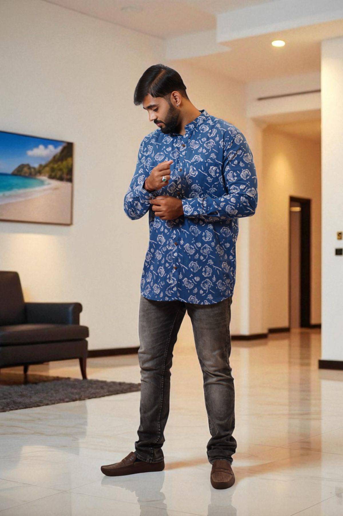 Blue White Floral Handblock Print Cotton Short Kurta