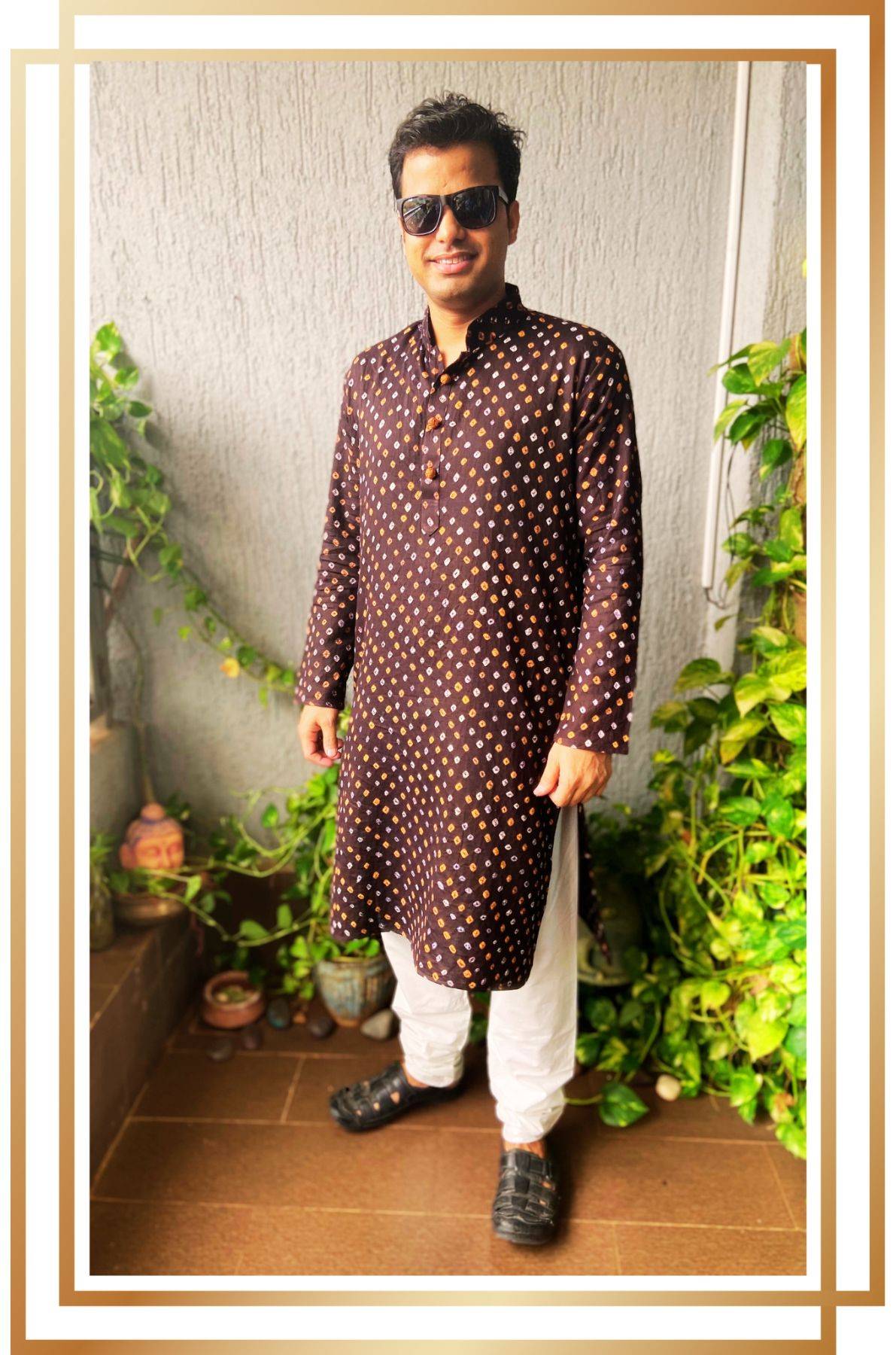 Men's Bandhani Brown Cotton Kurta