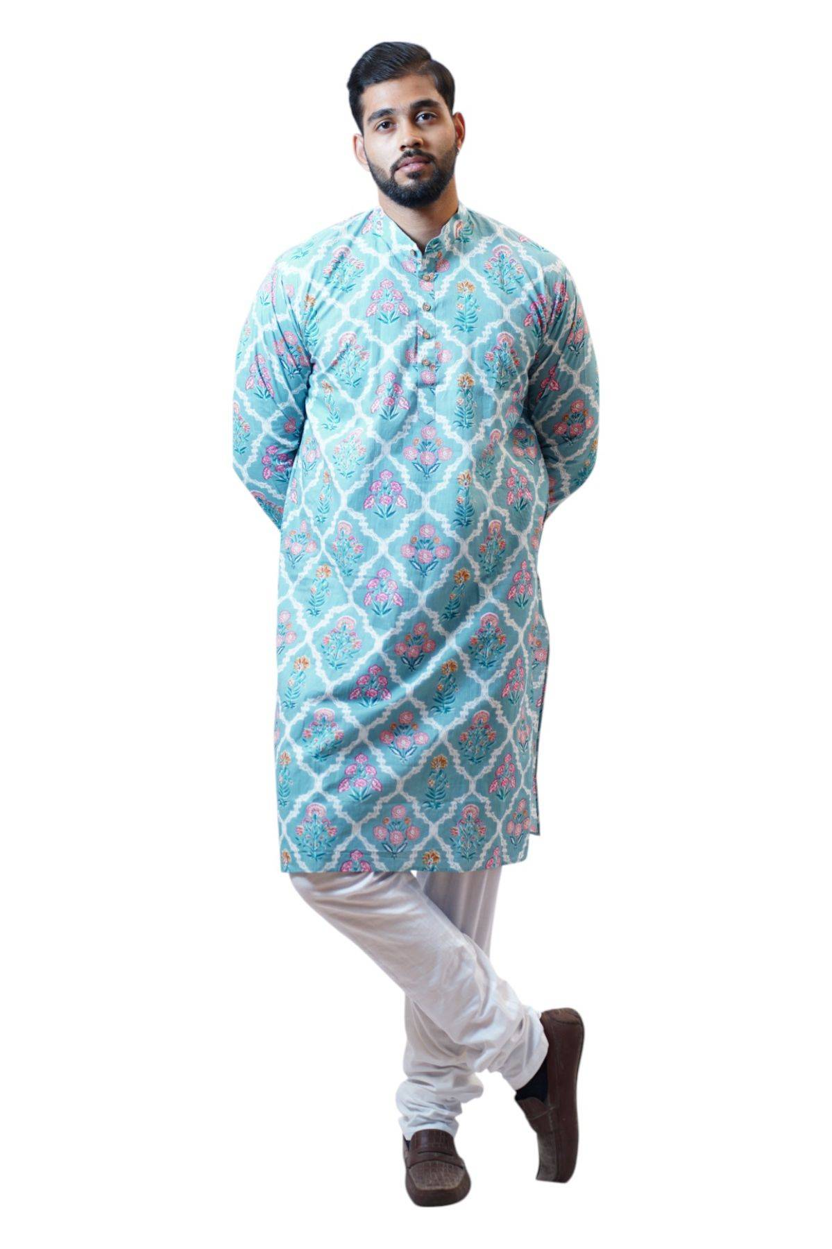 Blue Mughal Floral Handblock Print Cotton Kurta