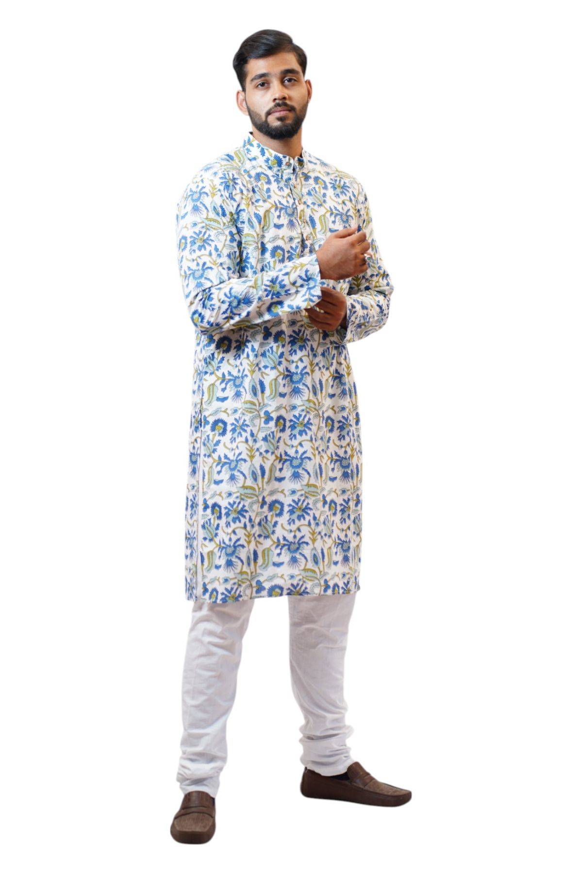 White Blue Floral Handblock Print Cotton Kurta