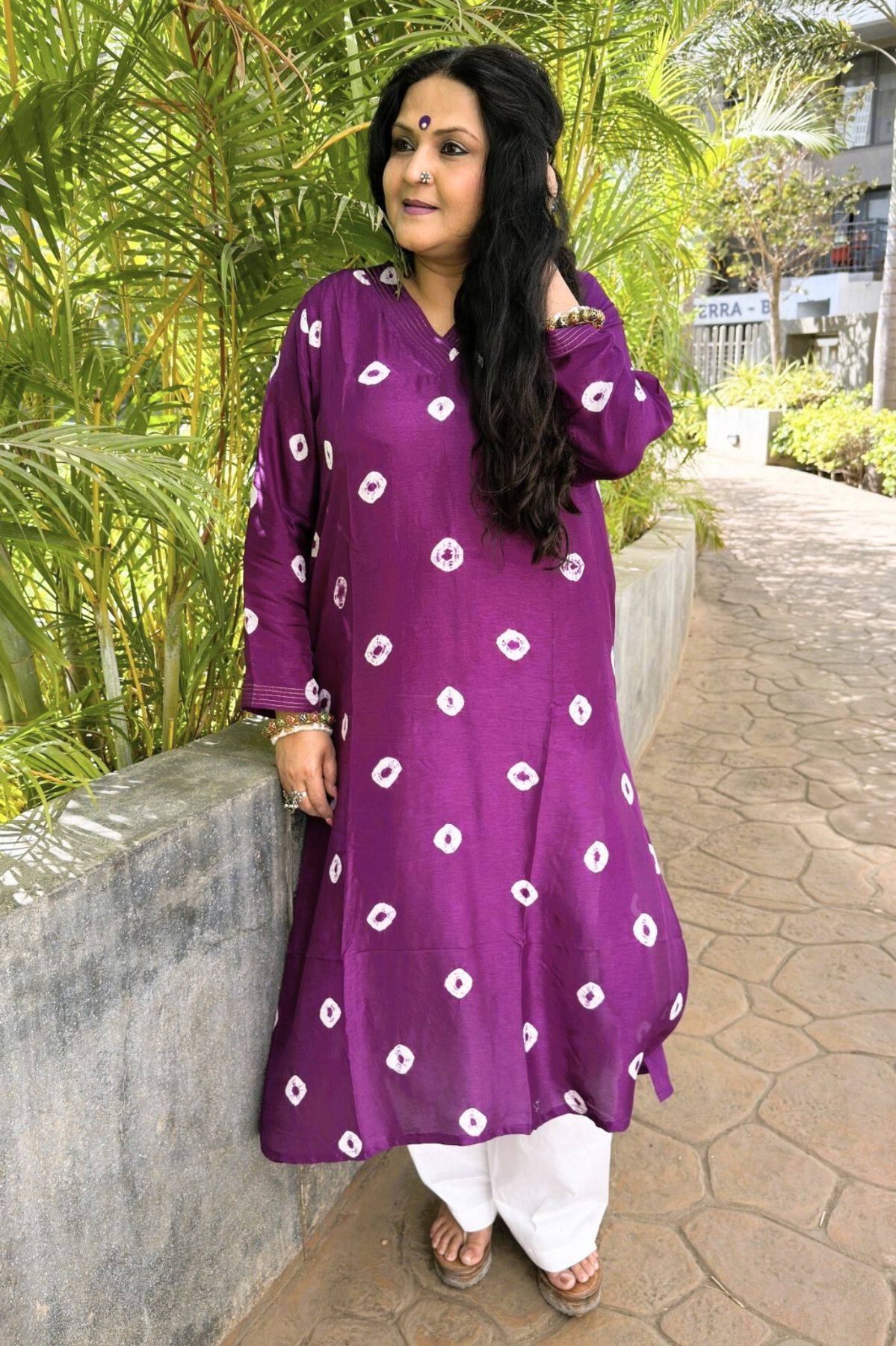 Plum Purple Bandhej Silk Kurta