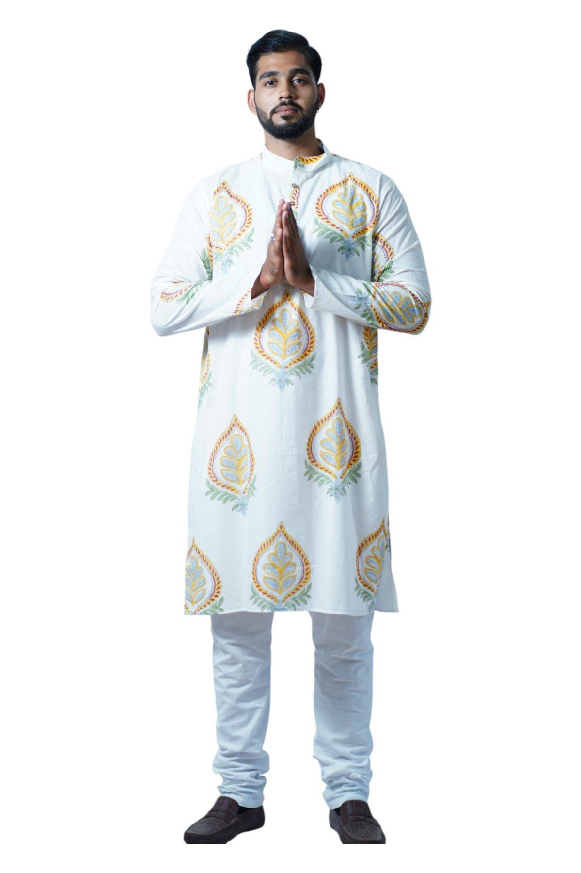 White Orange Buti Handblock Print Cotton Kurta