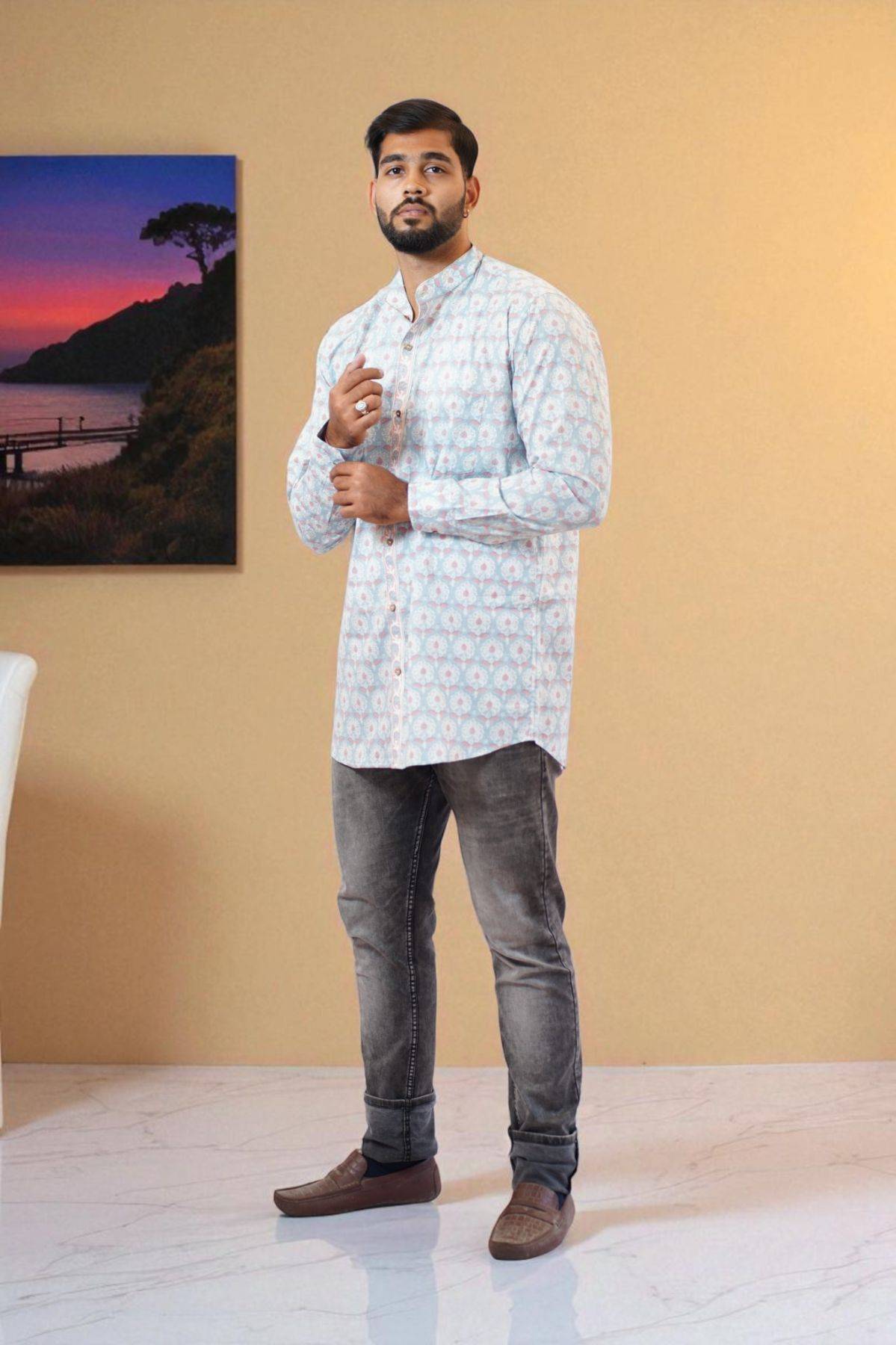 Sky Blue Pink Floral Handblock Print Short Kurta