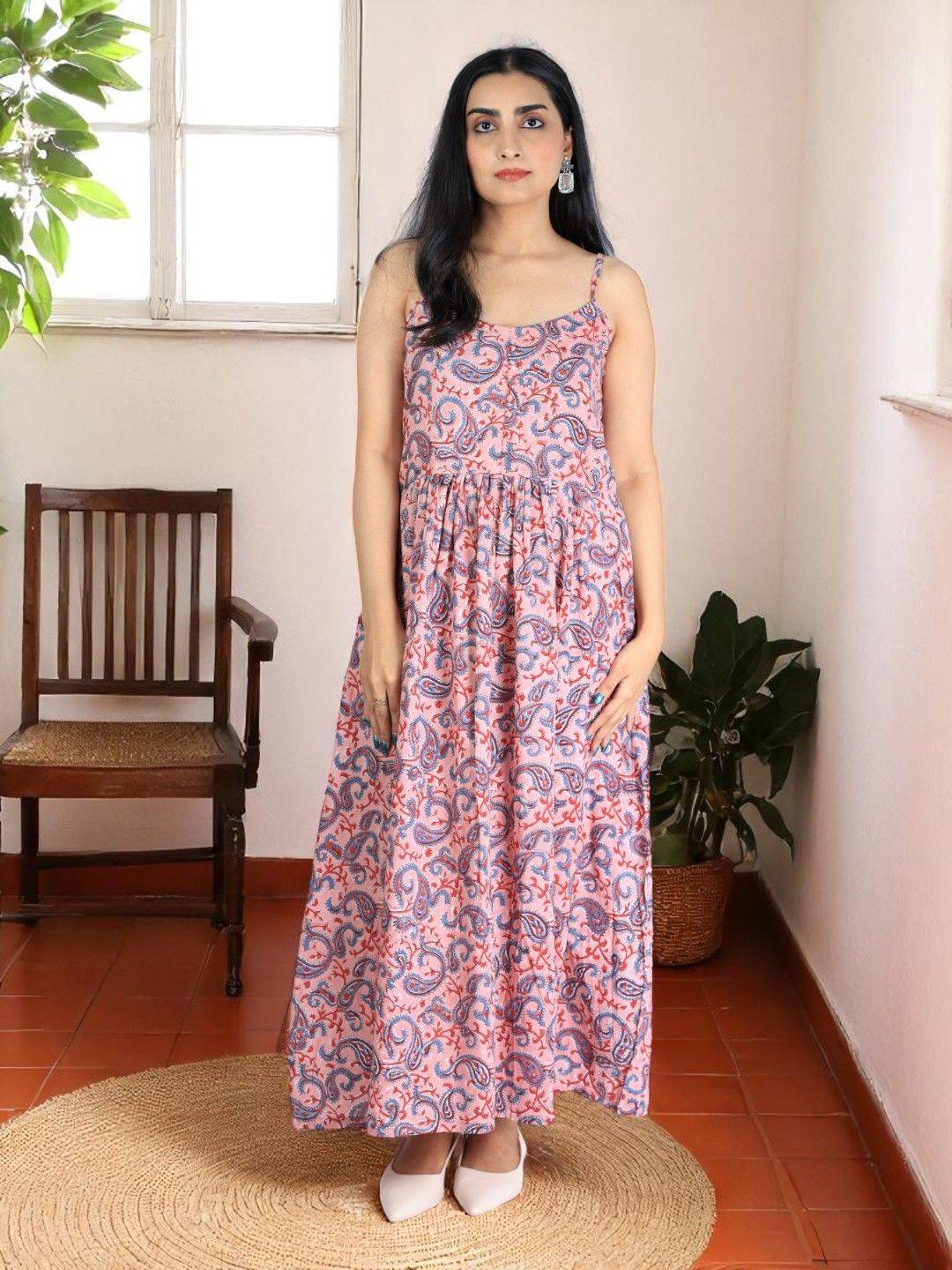 Paisley Whispers Handblock Noodle Strap Cotton Dress