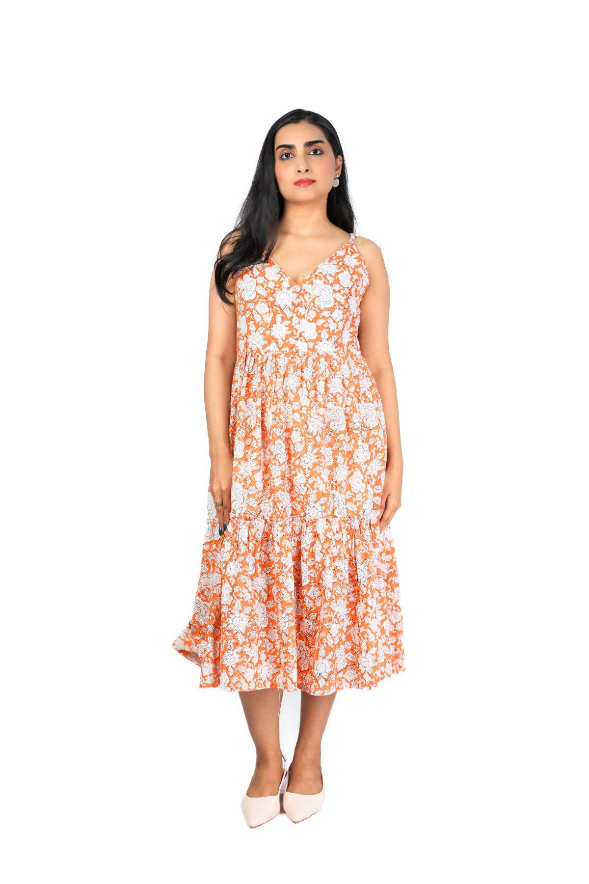 Amber Petal Smocking Handblock Cotton Strap Dress