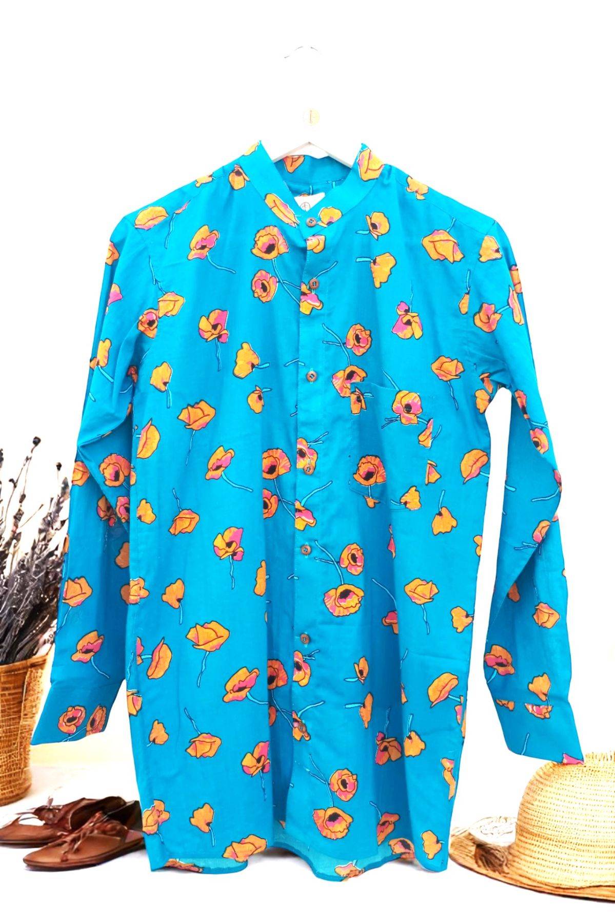 Teal Blue Orange Floral Handblock Print Cotton Short Kurta
