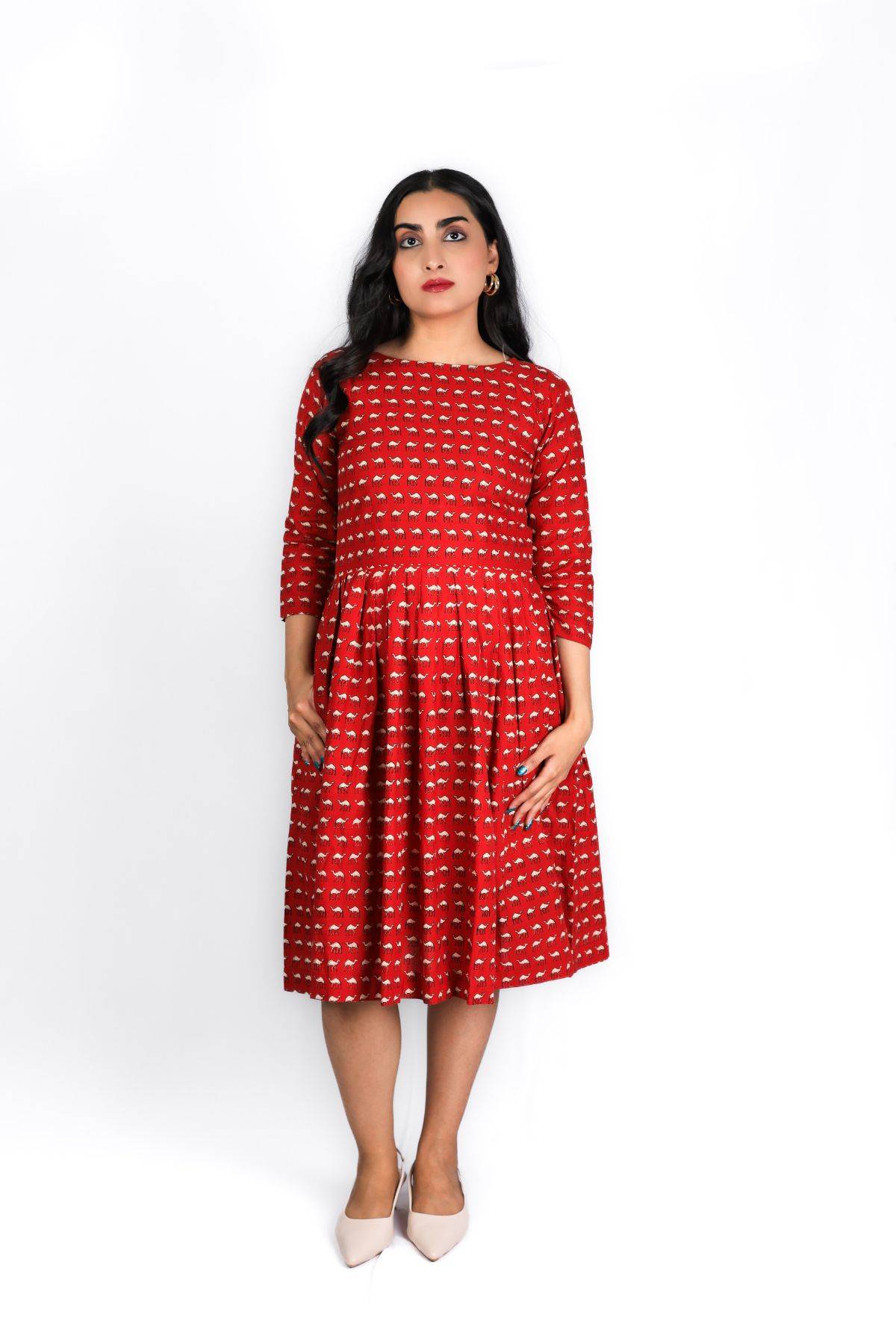 Saffron Trek Handblock Cotton Gathered Dress
