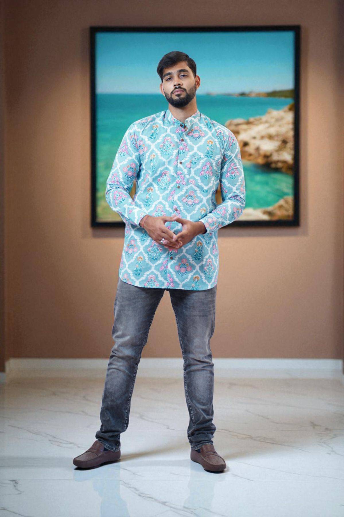Blue Mughal Floral Handblock Print Cotton Short Kurta