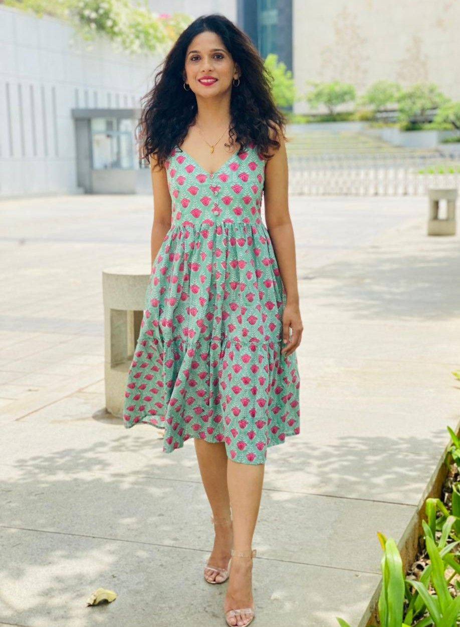 Green Smocking Handblock Cotton Strap Dress