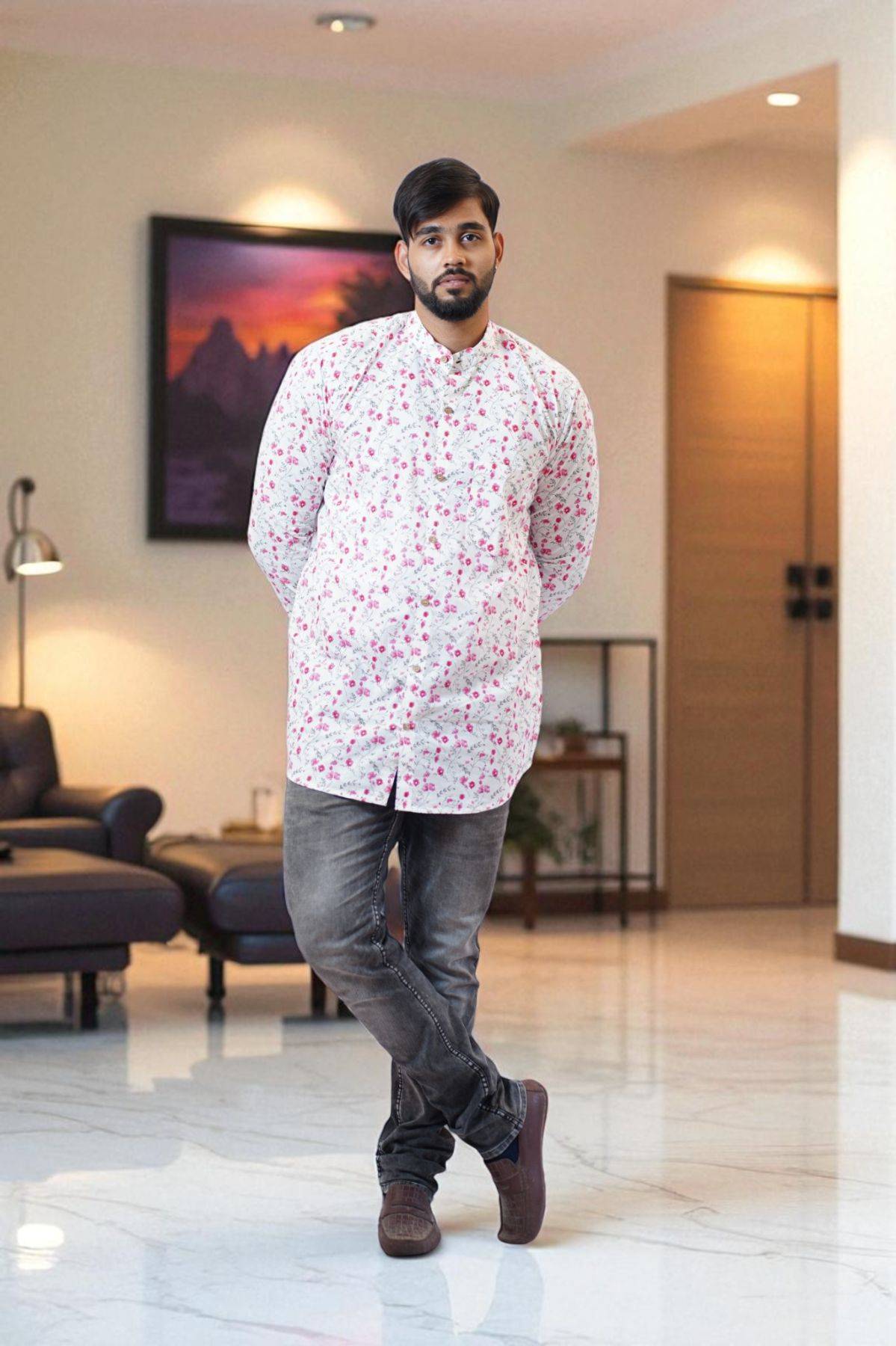 White Pink Floral Handblock Print Cotton Short Kurta