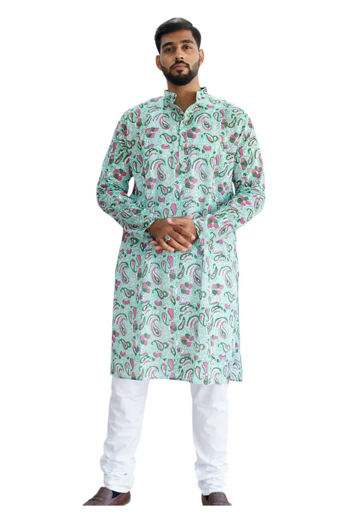 Green Pink Floral Handblock Print Cotton Kurta
