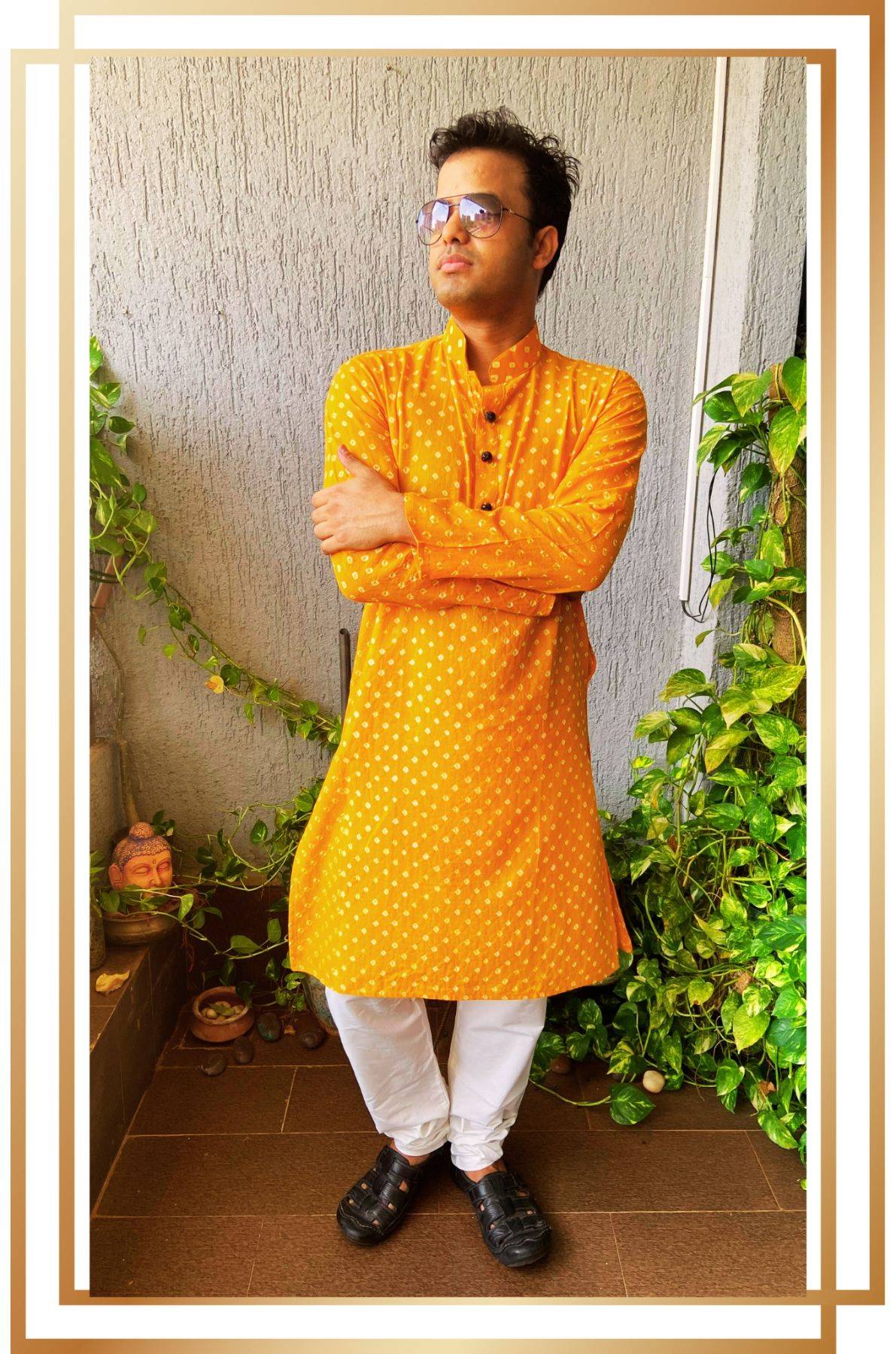 Men's Bandhani Orange Cotton Kurta