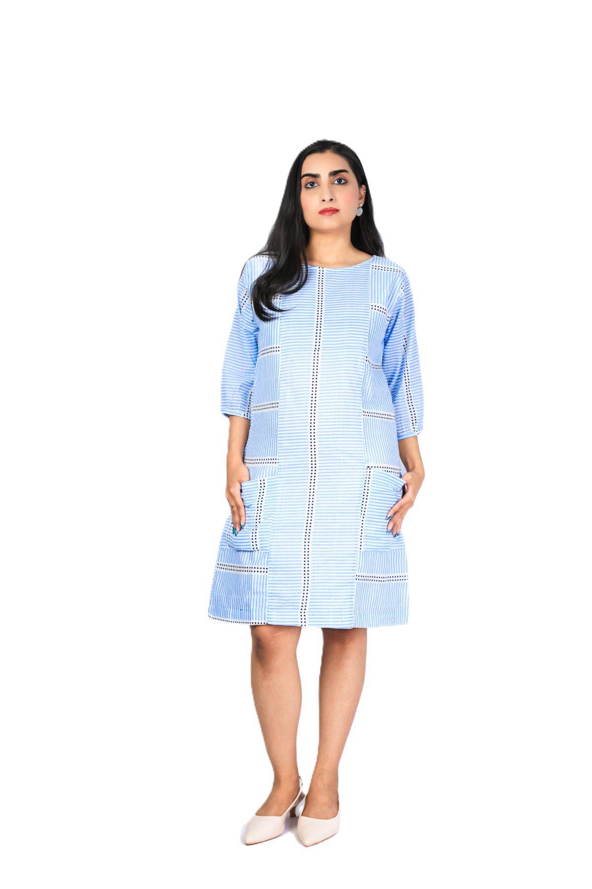 Coastal Lines Handblock Cotton Shift Dress