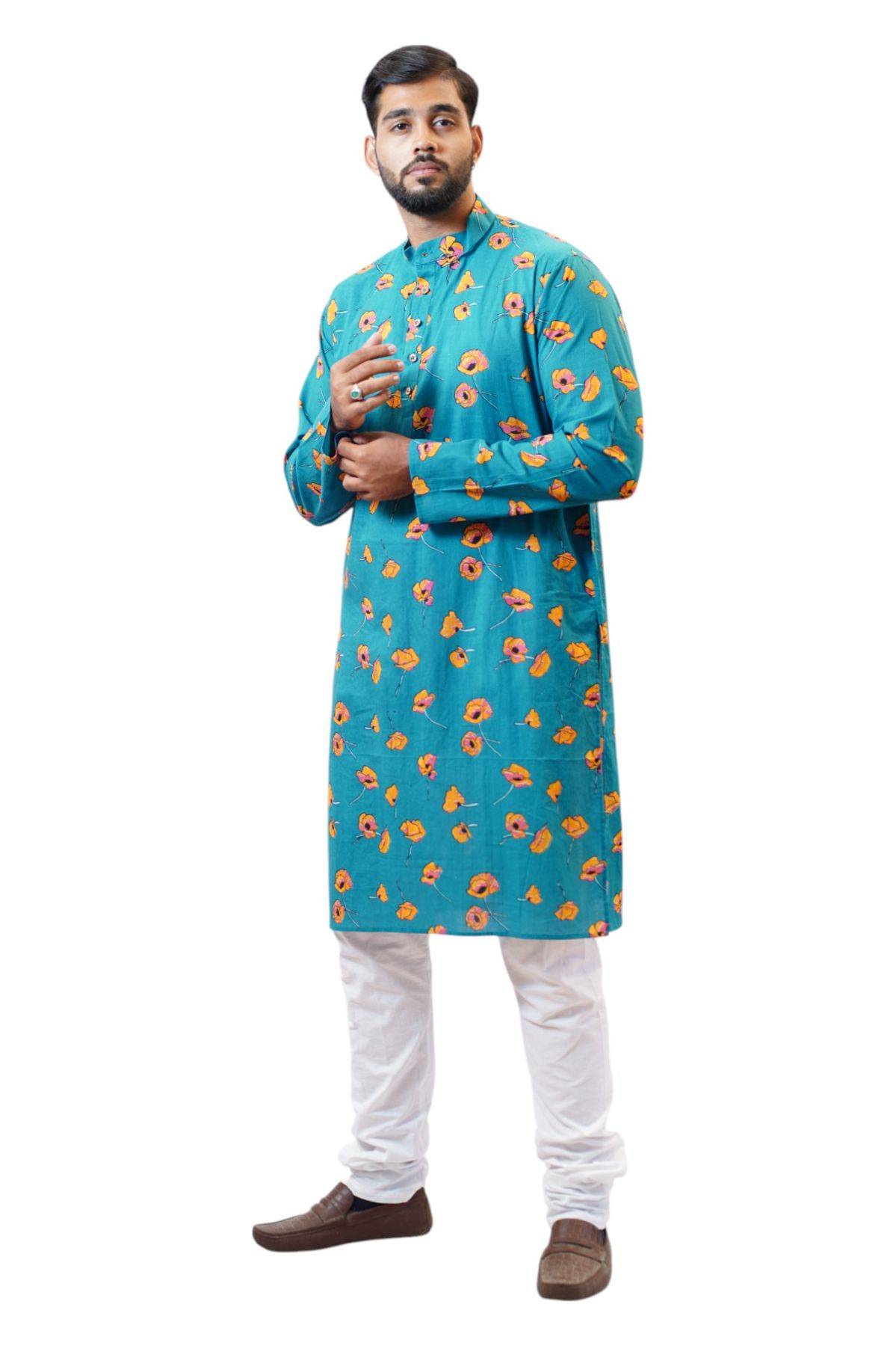 Teal Blue Orange Floral Handblock Print Cotton Kurta