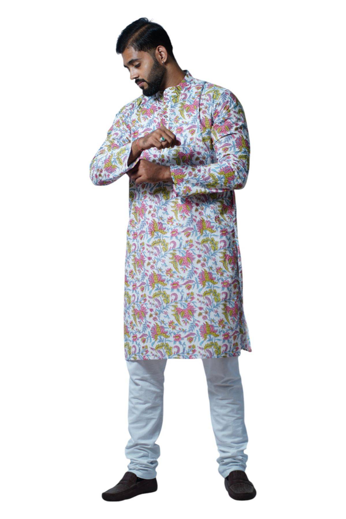 White Multi Floral Handblock Print Cotton Kurta