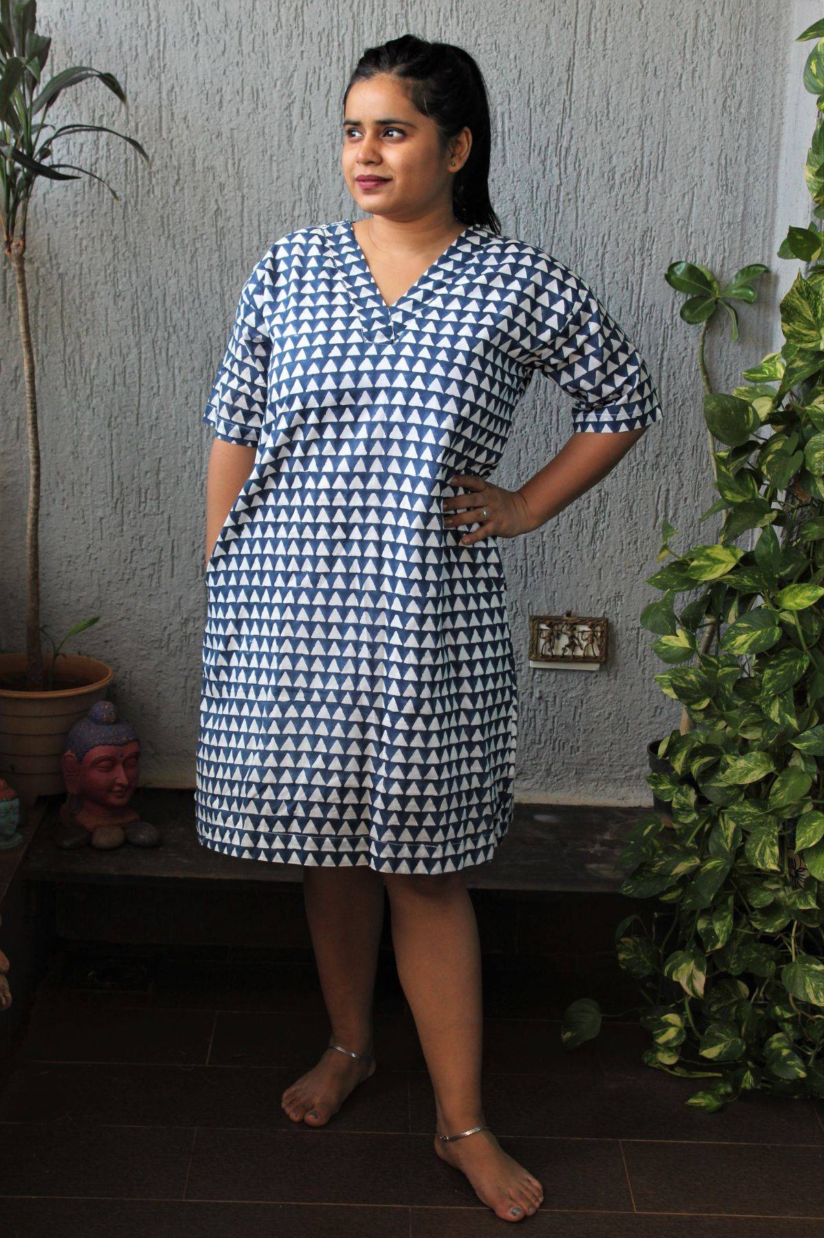 Indicheck Handblock Cotton Short Dress