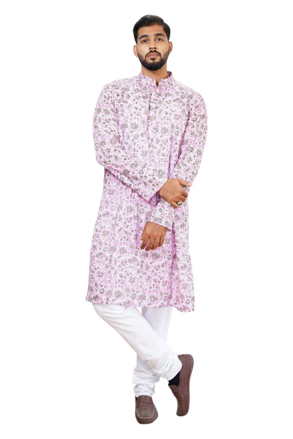 Pink Floral Handblock Print Cotton Kurta