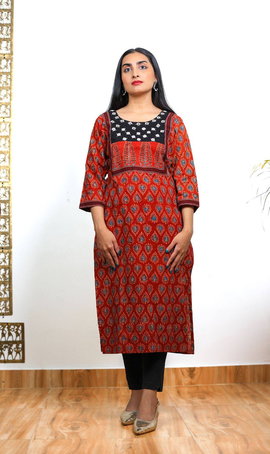 Maroon Ajrakh Cotton Handblock Print Kurta - Shopdibz