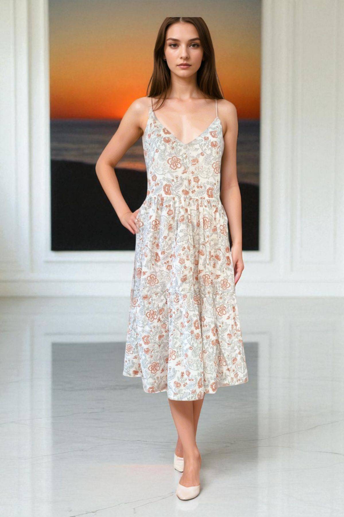 White Red Smocking Handblock Cotton Strap Dress