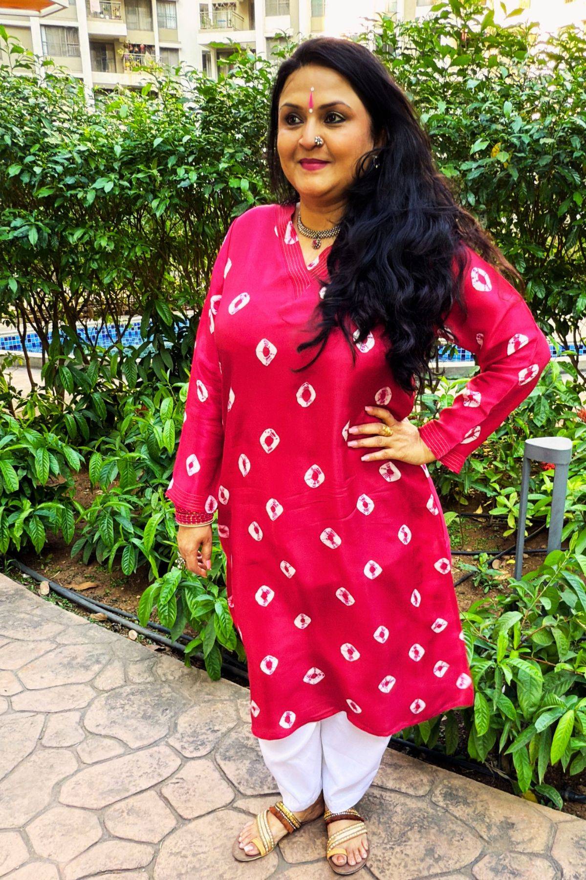 Magenta Pink Bandhej Silk Kurta