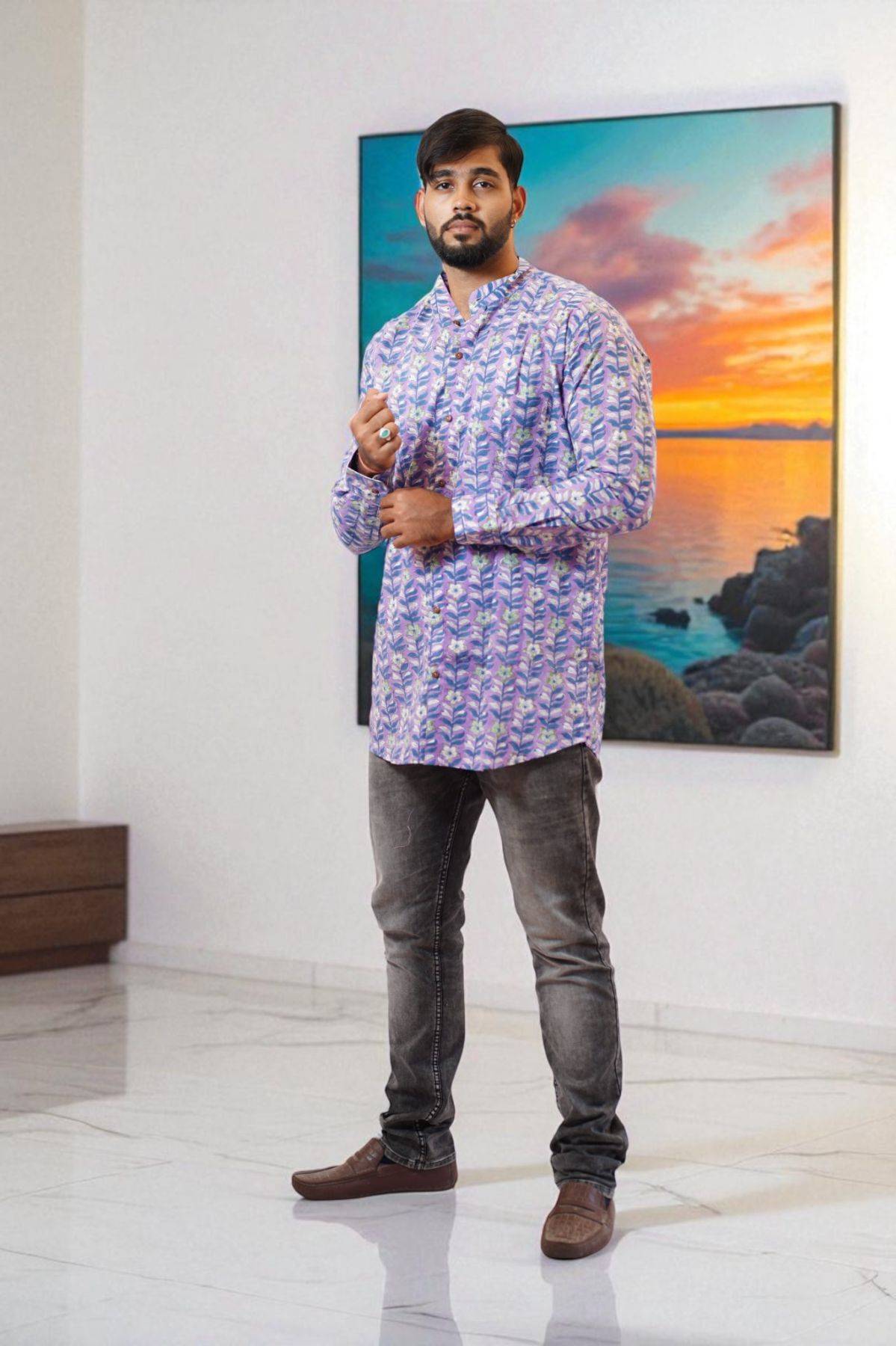 Purple Blue Floral Handblock Print Cotton Short Kurta