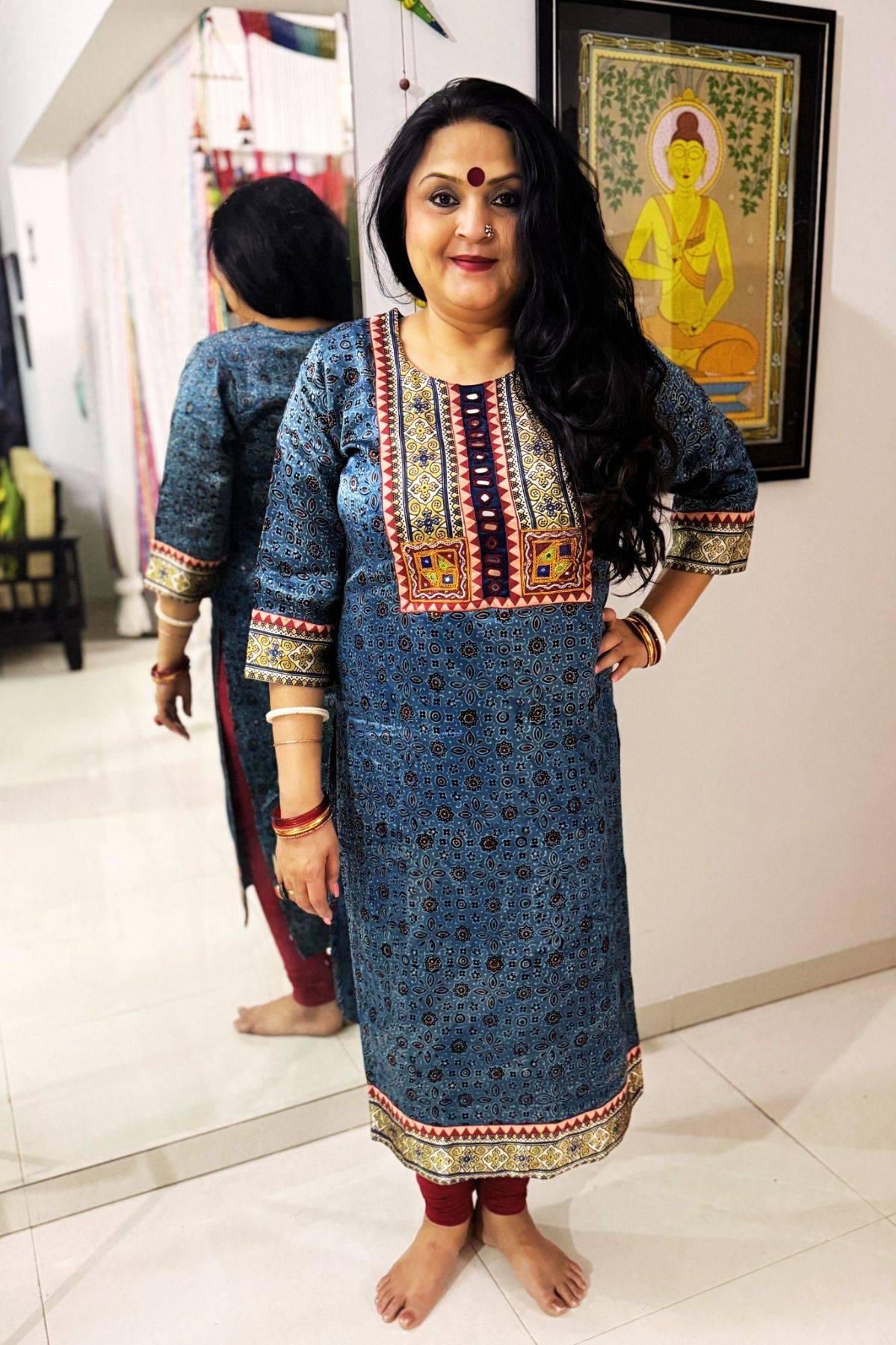 Blue Ajrakh Handblock Print Silk Kurta