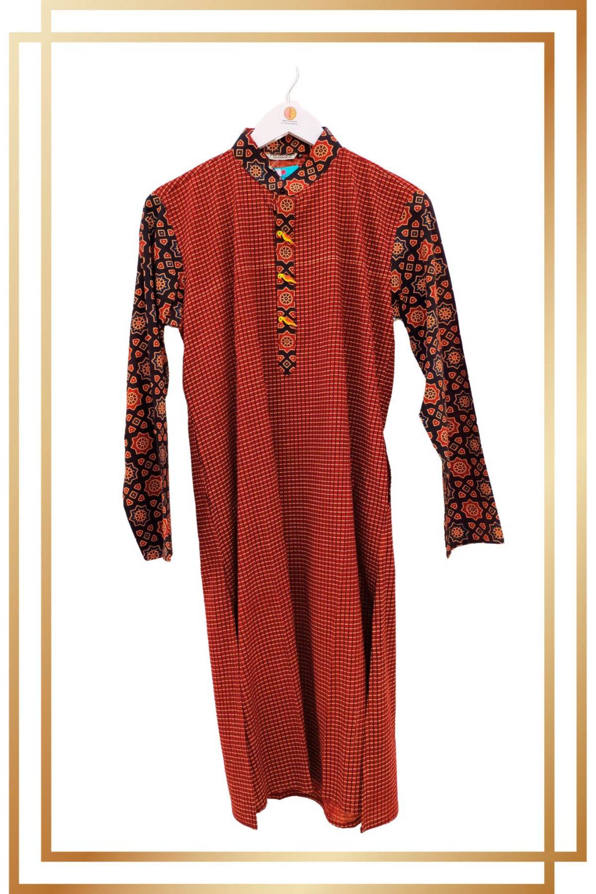 Maroon Ajrakh Hand Block Print Cotton Kurta - Shopdibz