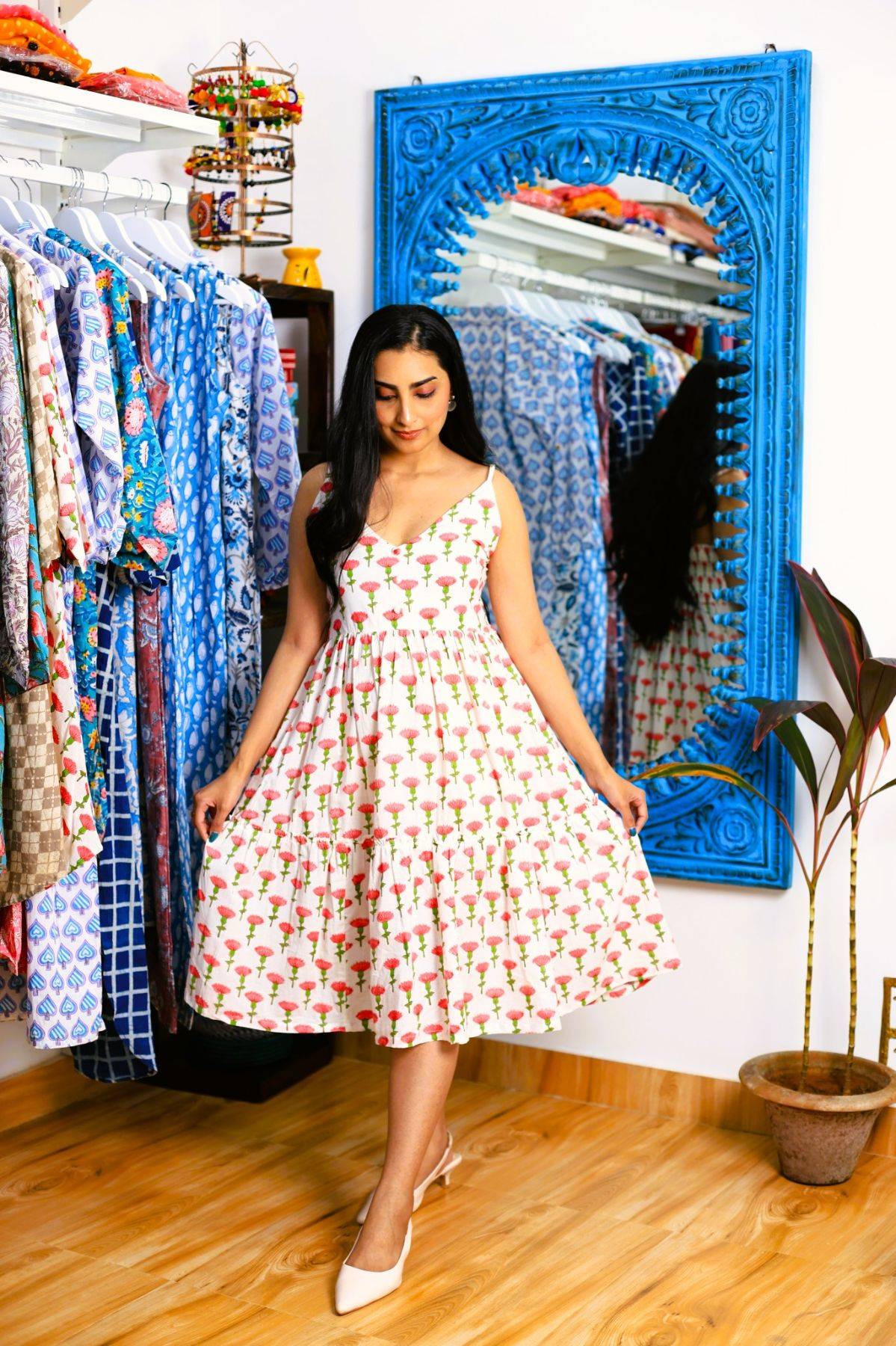 Petalwhisper Smocking Handblock Cotton Strap Dress