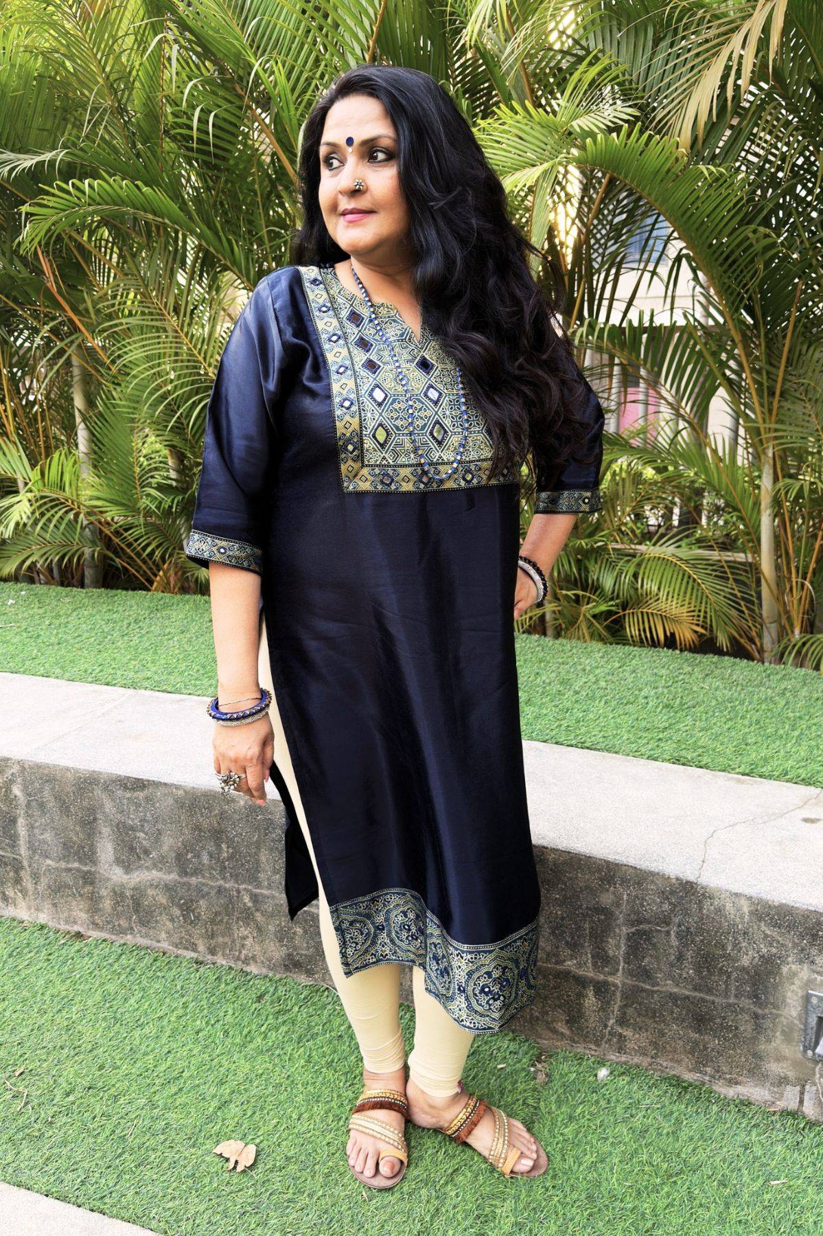 Navy Blue Ajrakh Handblock Print Silk Kurta
