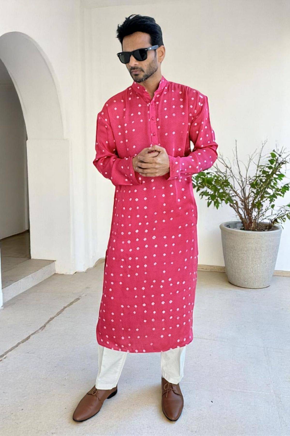Pink Bandhani Modal Silk Kurta