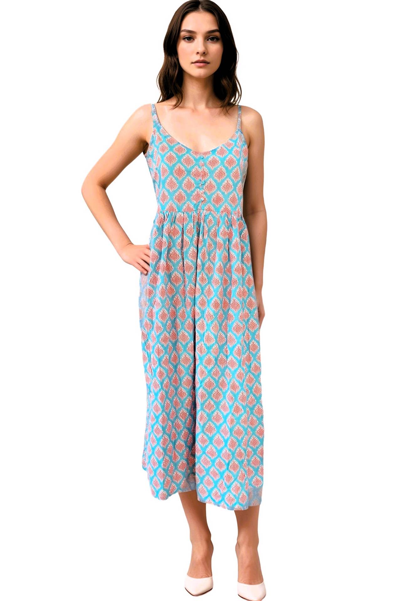 Crimson Bloom Handblock Cotton Noodles Strap Dress