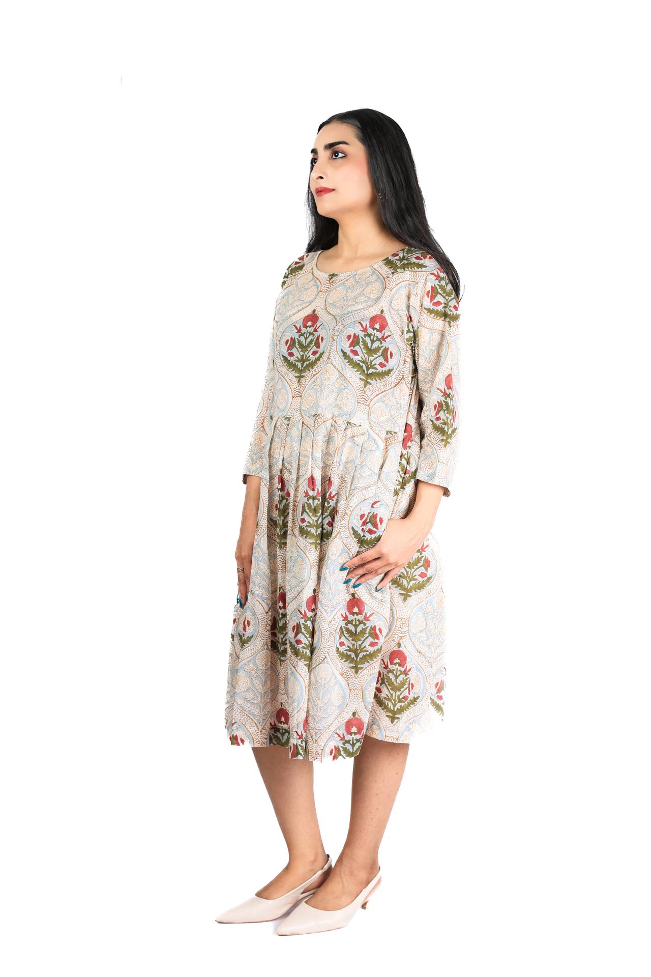 Mughalflair Handblock Cotton Gathered Dress